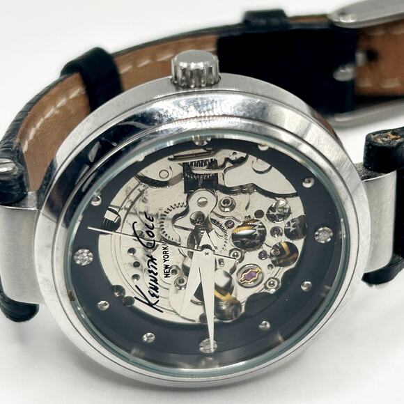 Kenneth Cole New York Ladies Skeleton Automatic Silver Dial Watch w Leather Band - Picture 3 of 9